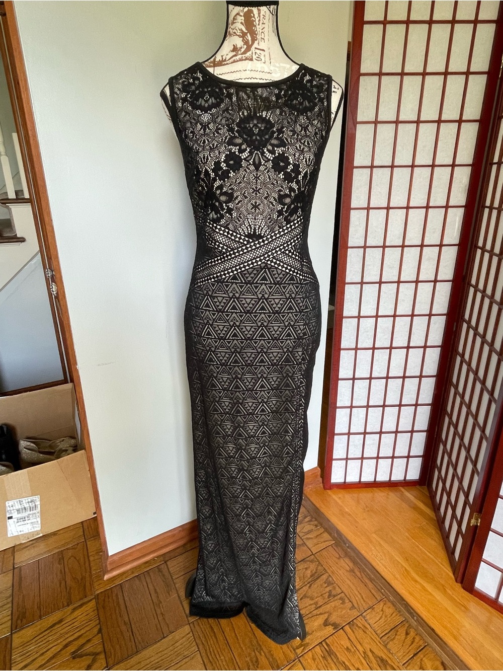NWT Vfshow Elegant Black Lace Evening Gown for Women, Size S